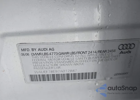 2007 Audi A4 2.0T из США, поврежденный, VIN WAUEF78E97A012887